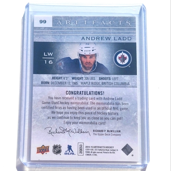 Andrew Ladd Artifacts Game-Used Jersey Hockey Card 2014/15 Winnipeg Jets - Picture 2 of 2
